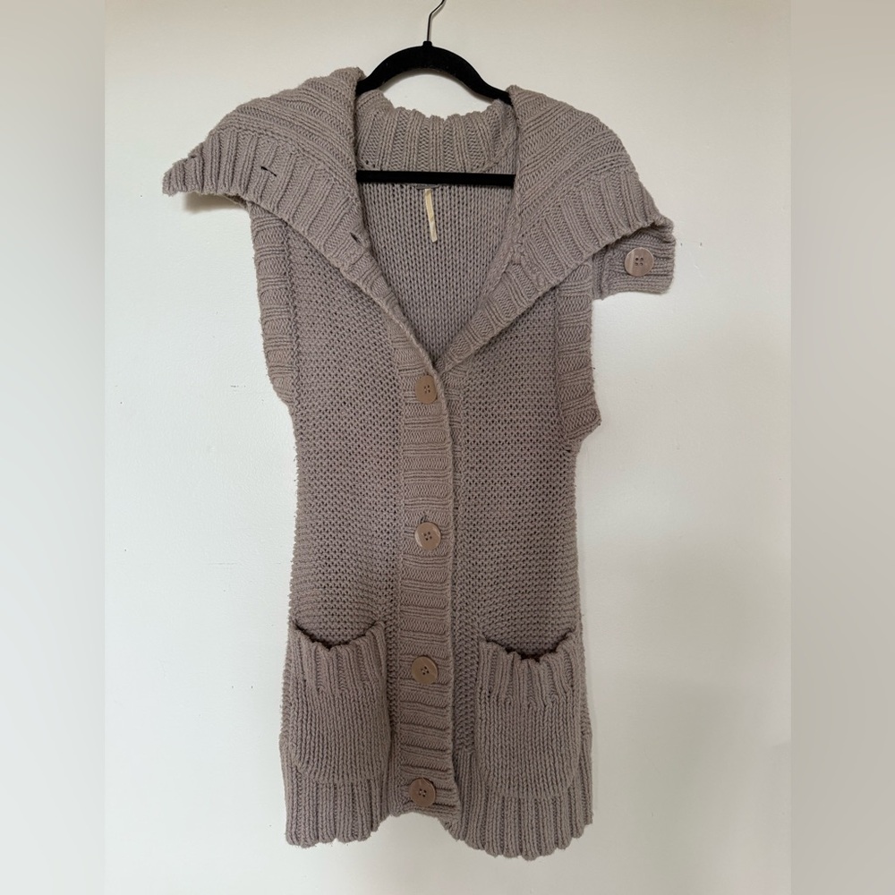 Free People Taupe Knit Sleeveless Cardigan
